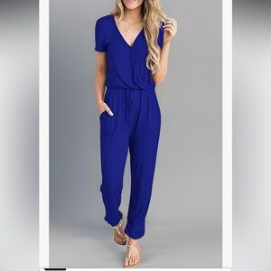 PrettyGarden Royal Blur V-Neck Drawstring Waist Jogger Jumpsuit